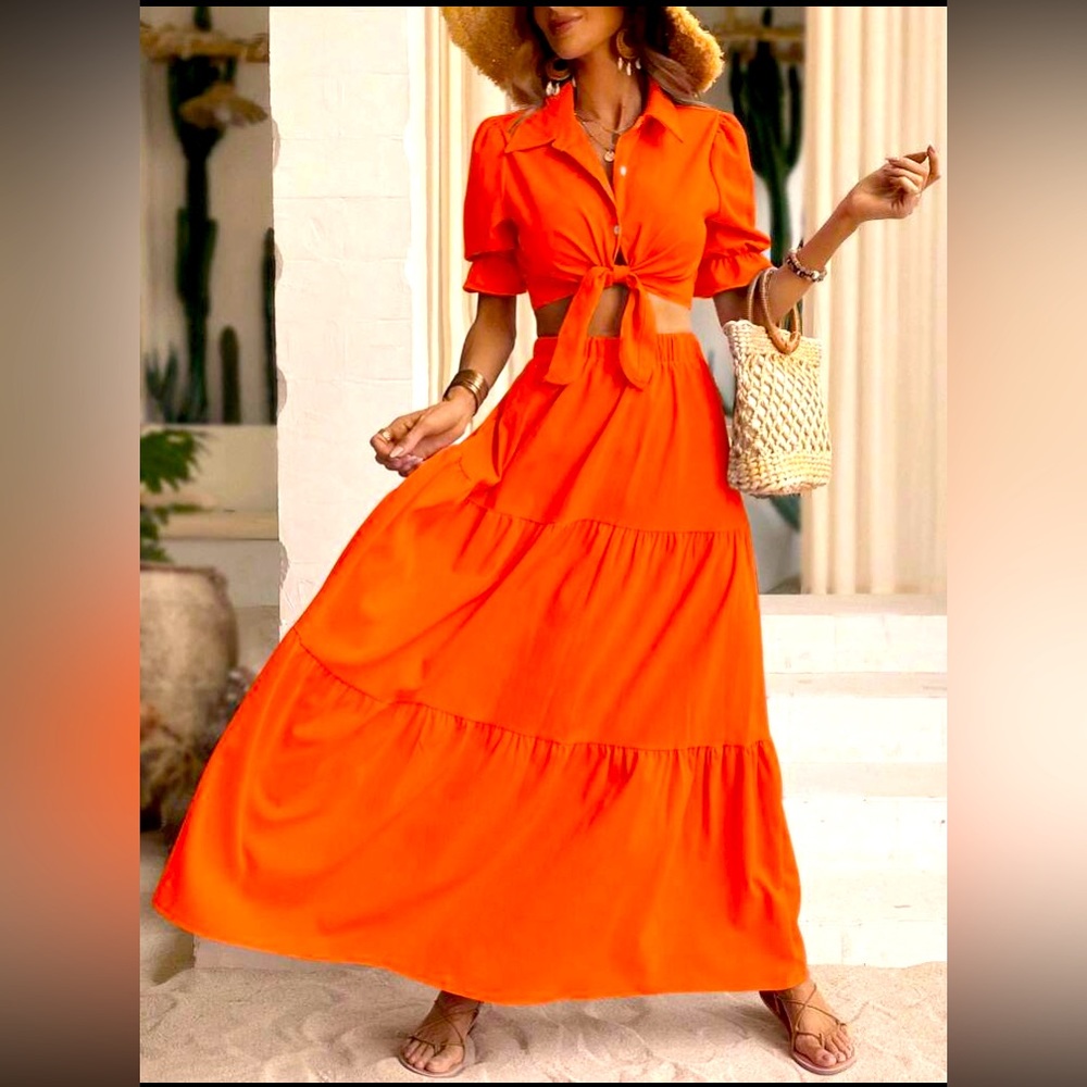 SHEIN Bright Orange 2 Piece Maxi Skirt Tie Top Set Size Small NWOT!!!